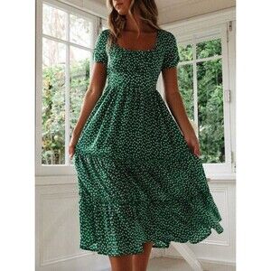 New YUBNLVAE Women Boho Floral Print Summer Short Sleeve Midi Dress, S